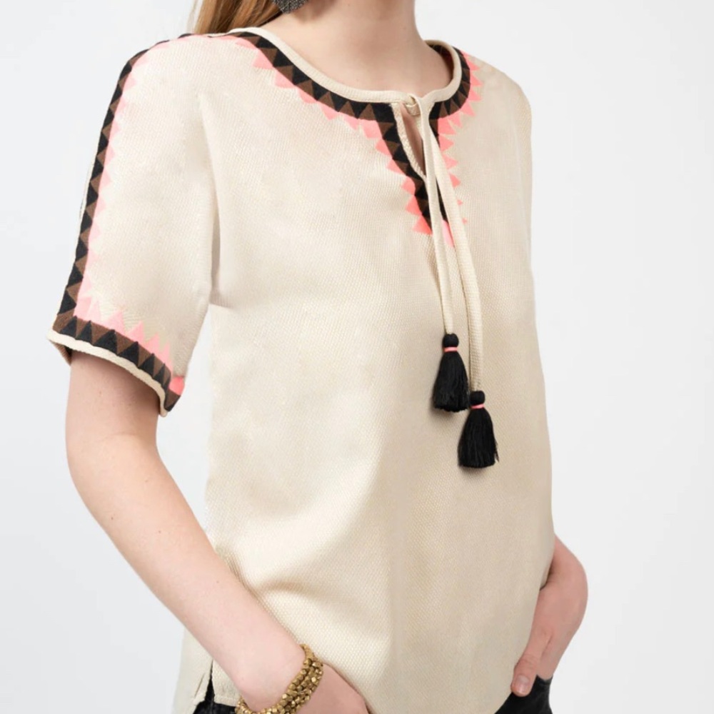 🆕 IVY JANE Boho Chic Embroidered Triangles Tassel Shirt Top Sz S Cottagecore